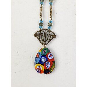 Millefiori Murano Style Glass Beads & Pendant w/ Vintage Italian Brass Findings